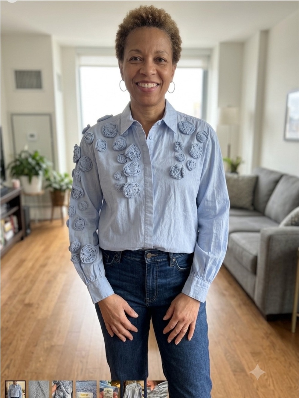 Maeve Light BlueFloral  Appliqué Rosette Button-down Shirt